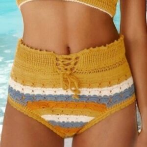 New Carolina K x Anthropologie Crochet Striped Lg Blue White High Waist Bottoms